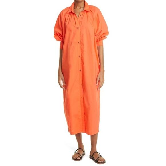 Mara Hoffman Cleo Poppy Orange Long Sleeve Button Front Midi Shirt Dress Size L - Picture 1 of 5